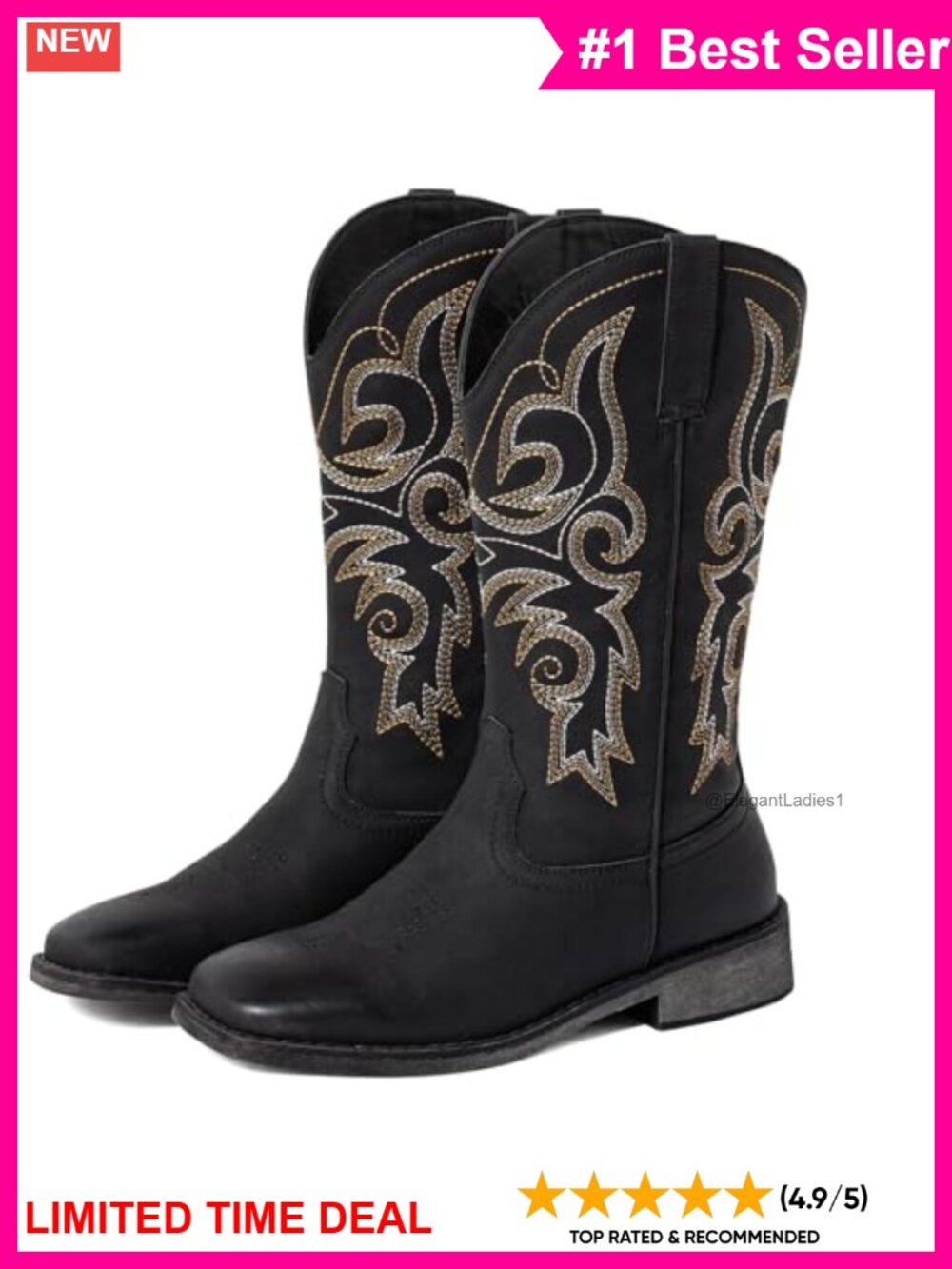 Wide Calf Cowboy Boots Square Toe Embroidered Faux Leather Mid Calf